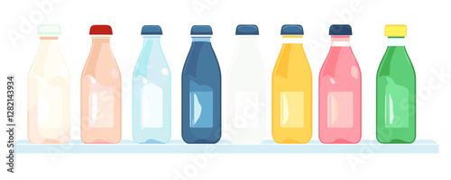 Beverage bottle icons set, flat style vector, colorful collection of drink containers on a shelf.