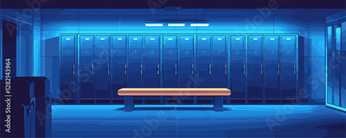 Futuristic gym locker room vector, flat style, icons set with blue lighting.
