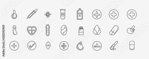 Linear flat icons set of medical and pharmaceutical tools.