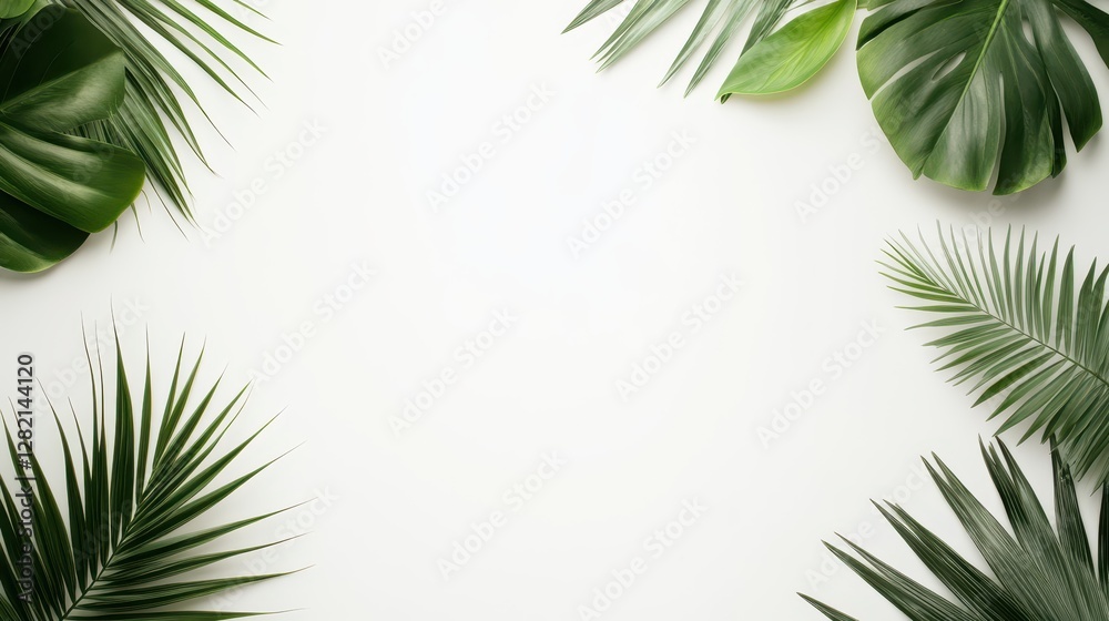 A vibrant display of green tropical leaves elegantly framing a blank space, ideal for artistic presentations and designs. A vibrant display of green tropical leaves elegantly framing a blank space, ideal for artistic presentations and designs.