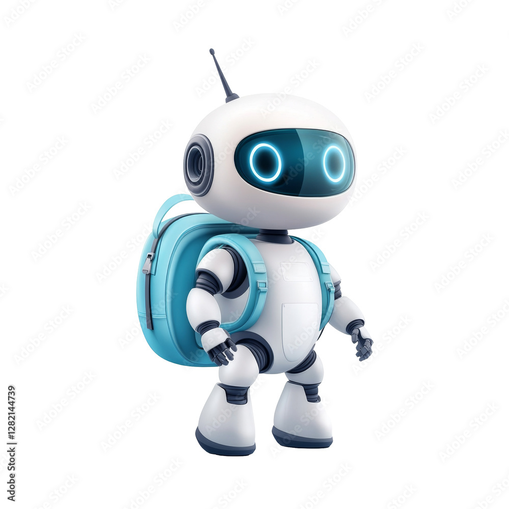 Cute robot with backpack displays friendly futuristic design and bright circular eyes Cute robot with backpack displays friendly futuristic design and bright circular eyes