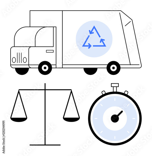 Recycling truck balance scale, stopwatch representing efficiency, sustainability, time management, recycling, eco-friendly practices, work-life balance. Ideal for logistics, waste management