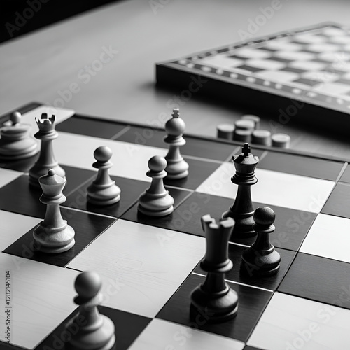 Grayscale shot of checker figures on the board, playing draughts photo