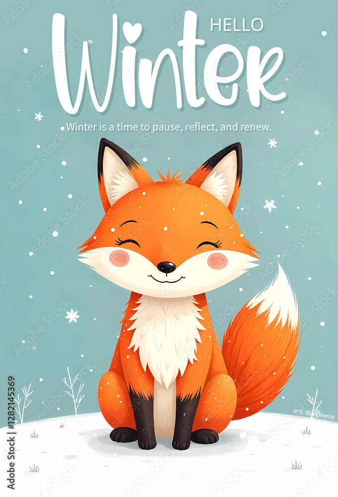 Obraz premium Hello Winter poster with cute fox sits on a snowy landscape03