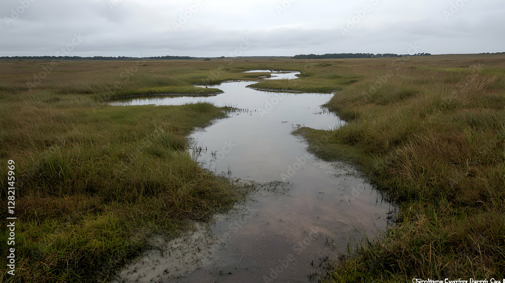 Serpentine creek meanders through coastal marsh under overcast sky Serpentine creek meanders through coastal marsh under overcast sky