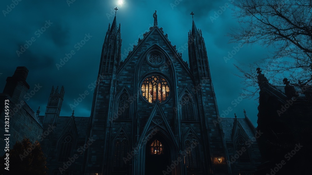 Obraz premium Gothic cathedral glowing under moonlight, intricate and dramatic, dark fantasy and hauntingly beautiful