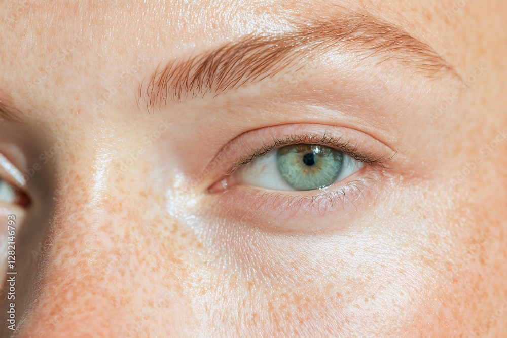 Fototapeta premium Close-up of a woman face, green eye with long lashes, natural freckles, and well-groomed eyebrows, symbolizing beauty, skincare, and authenticity