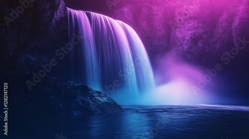 Gradient waterfall glowing in moonlight, shifting from icy blue to vibrant purple, serene and powerful