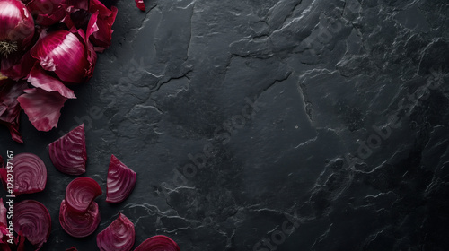 Sliced Red Onions Neatly Arranged in the Bottom-Left Corner of a Black Stone Board, Leaving the Upper-Right Side Open for Text Placement copy space