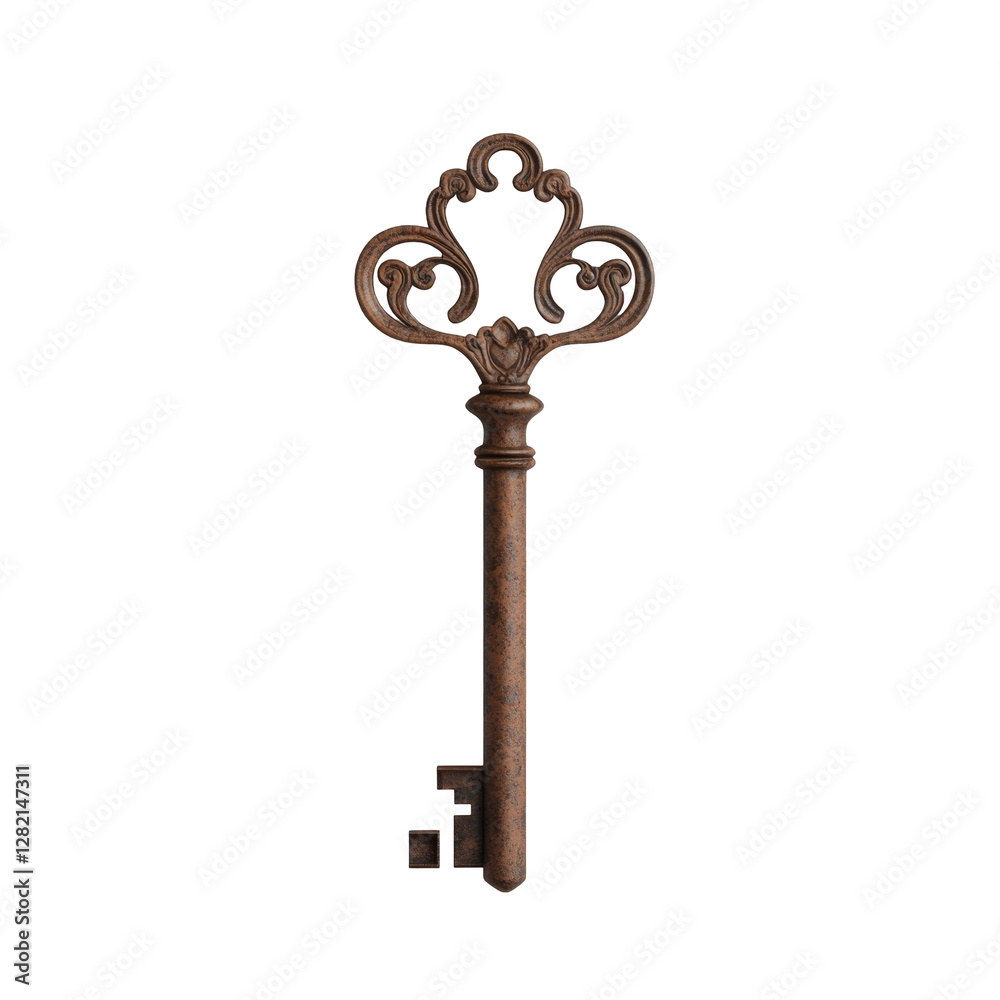 Intricate antique skeleton key with metal details and decorative top design Intricate antique skeleton key with metal details and decorative top design