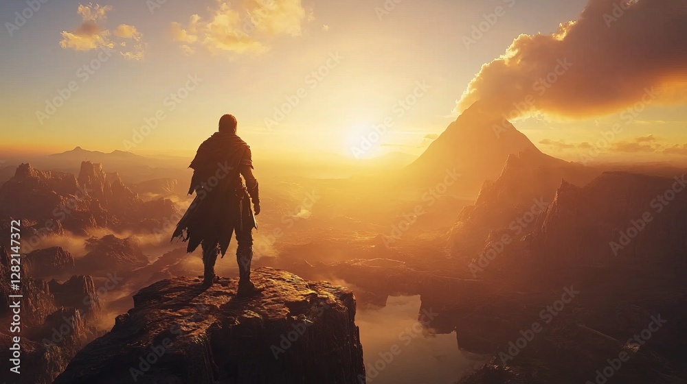 Obraz premium Heroic adventurer standing on cliff overlooking vast fantasy world, epic and grand, glowing sunset in the distance