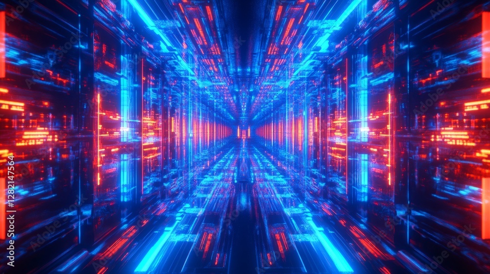 High-tech server room with glowing blue and red neon lights, futuristic and symmetrical, sci-fi atmosphere, immersive and vibrant, dynamic reflections High-tech server room with glowing blue and red neon lights, futuristic and symmetrical, sci-fi atmosphere, immersive and vibrant, dynamic reflections