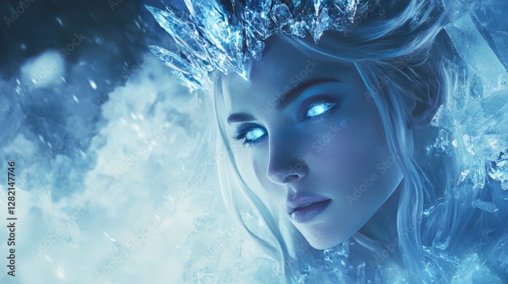 Ice queen with glowing crystal crown, regal and cold, ethereal and powerful, fantasy royalty Ice queen with glowing crystal crown, regal and cold, ethereal and powerful, fantasy royalty