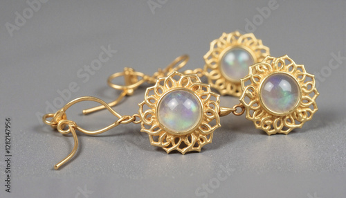 Elegant gold moonstone earrings, intricate design, luxury accessory