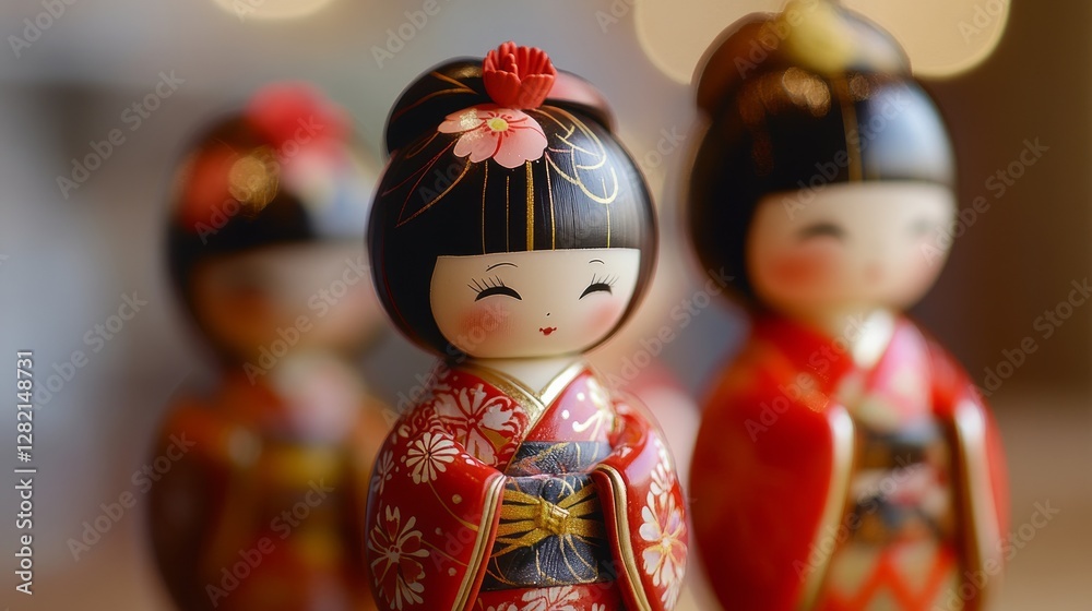 Fototapeta premium Japanese Kokeshi dolls with intricate patterns and traditional kimono designs, rich colors and fine details, celebrating cultural heritage with an artistic flair