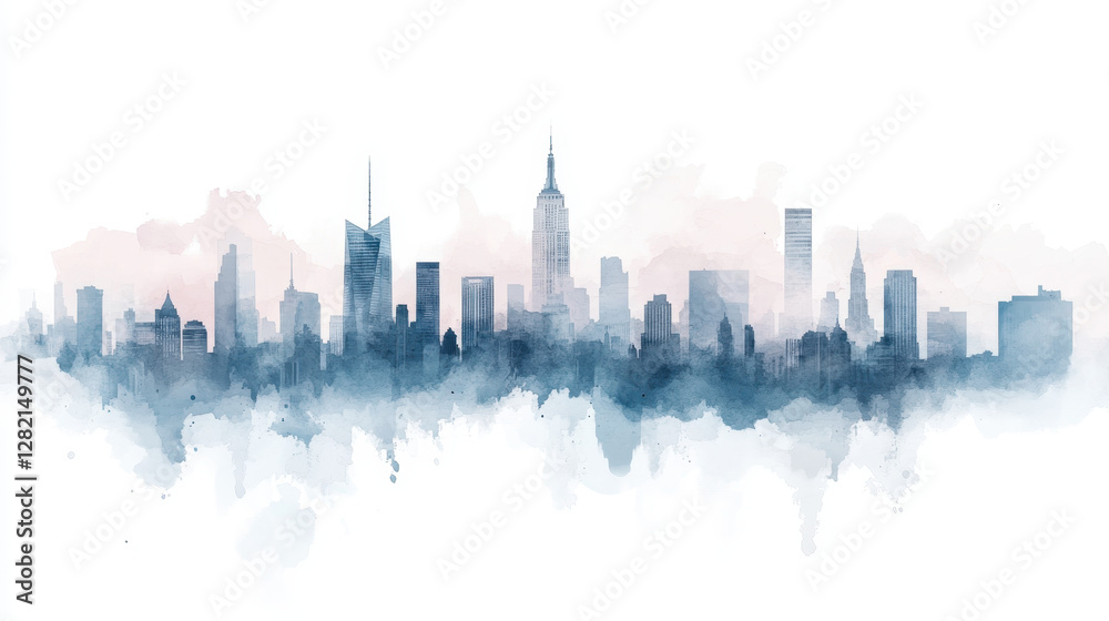 Naklejka premium Watercolor City Skyline with Soft Pastel Colors and Clouds