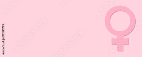 A pink female symbol on a pink background. Copy space banner. Women's health and gender equality.