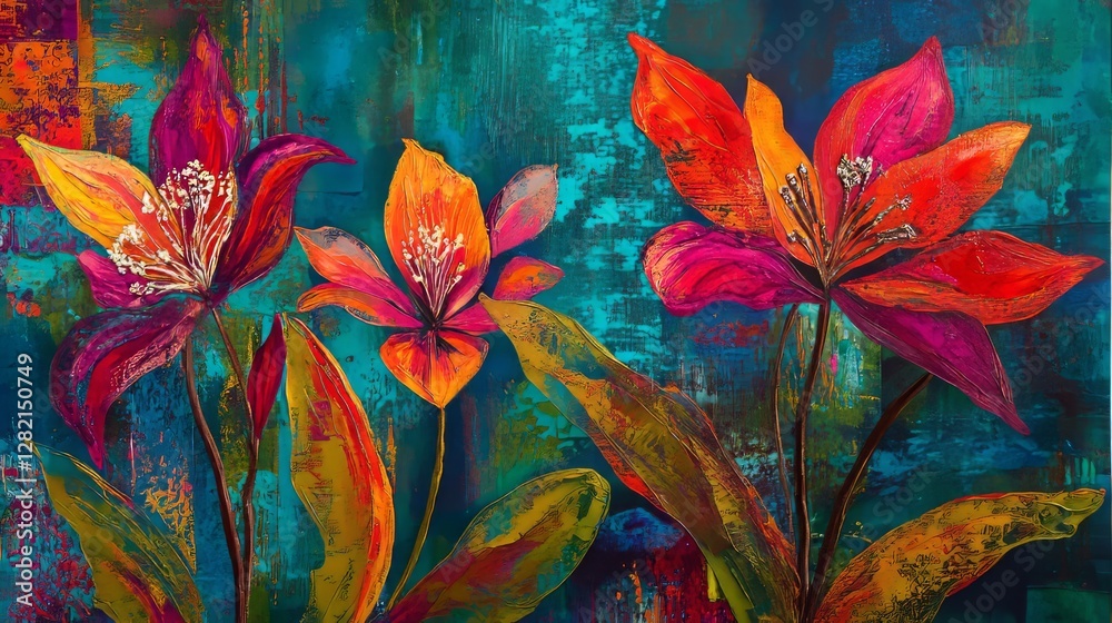 modern botanical motifs with vibrant hues, artistic and stylish composition, textured and radiant design, bold and cheerful tones modern botanical motifs with vibrant hues, artistic and stylish composition, textured and radiant design, bold and cheerful tones