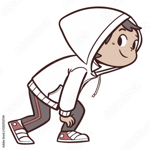 A cheerful young boy dressed in a hoodie is playfully bending forward with a smile on his face. He is depicted in a charming cartoon style, embodying a sense of fun and mischief