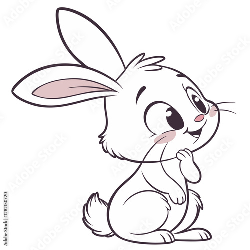 A small, fluffy bunny sits with a cheerful demeanor, paws clasped together. Its large eyes express happiness and curiosity, creating a heartwarming atmosphere against a plain white backdrop