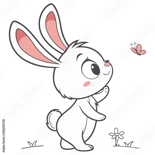 A charming white bunny stands happily, reaching out to a delicate butterfly fluttering nearby. Beautiful flowers dot the scene, creating a joyful and vibrant setting