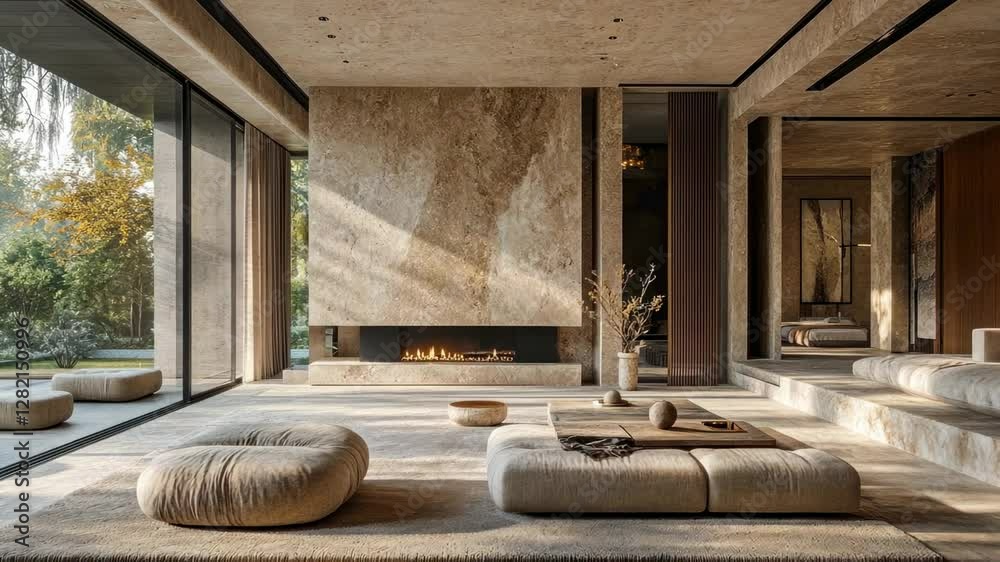 Serene Modern Living Room with Fireplace and Natural Light Serene Modern Living Room with Fireplace and Natural Light