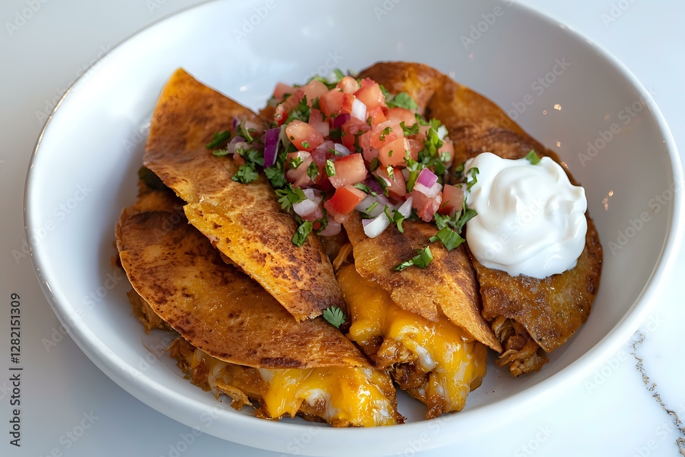 Crispy corn tortillas filled with seasoned meat and melted cheese, topped with fresh pico de gallo and sour cream, served in white ceramic bowl for Mexican cuisine. Crispy corn tortillas filled with seasoned meat and melted cheese, topped with fresh pico de gallo and sour cream, served in white ceramic bowl for Mexican cuisine.