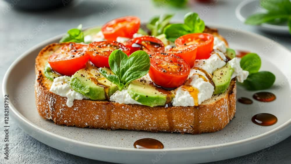 Delicious open-faced sandwich with fresh vegetables, cheese, and balsamic drizzle, perfect for brunch or a light meal Delicious open-faced sandwich with fresh vegetables, cheese, and balsamic drizzle, perfect for brunch or a light meal