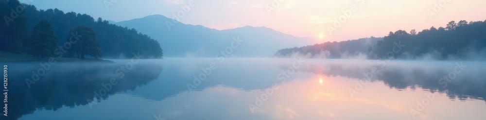 Fototapeta premium Soft blue mist rises from a serene lake at dawn, white, misty