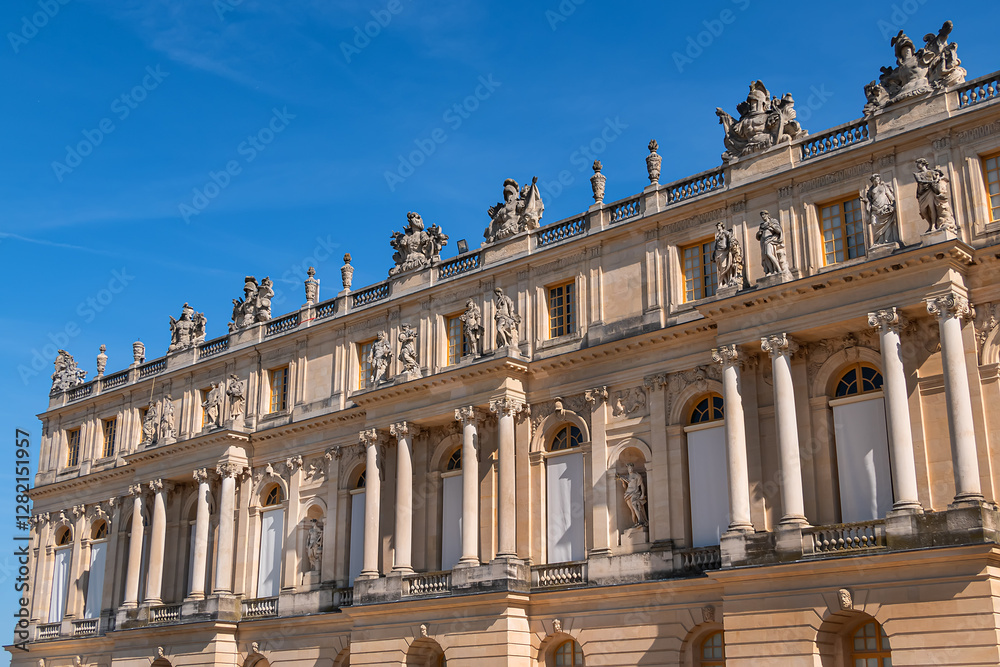 External view of architectural fragments of Chateau de Versailles (Palace of Versailles), is one of France’s most famous and most visited monuments. Versailles, Paris, France.