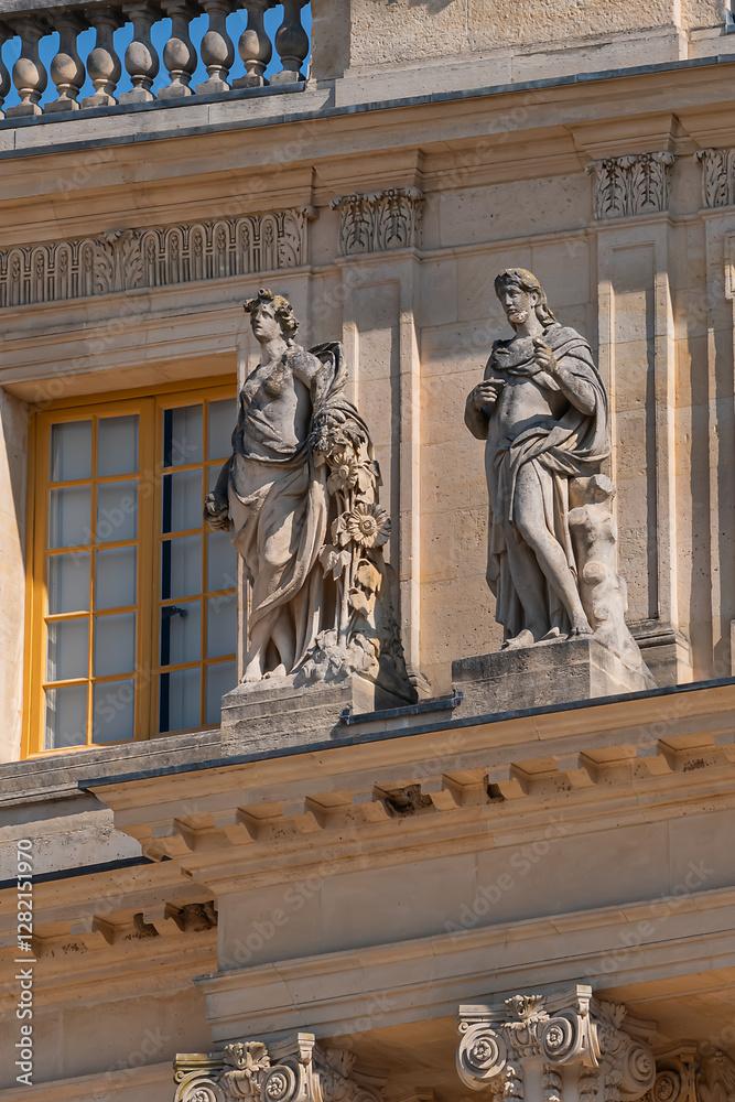 Obraz premium External view of architectural fragments of Chateau de Versailles (Palace of Versailles), is one of France’s most famous and most visited monuments. Versailles, Paris, France.