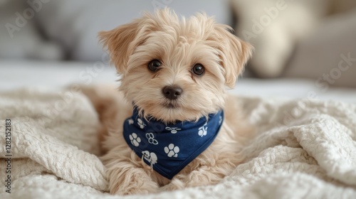 Cute small dog with a blue bandana resting on a cozy blanket in a warm indoor setting during the afternoon