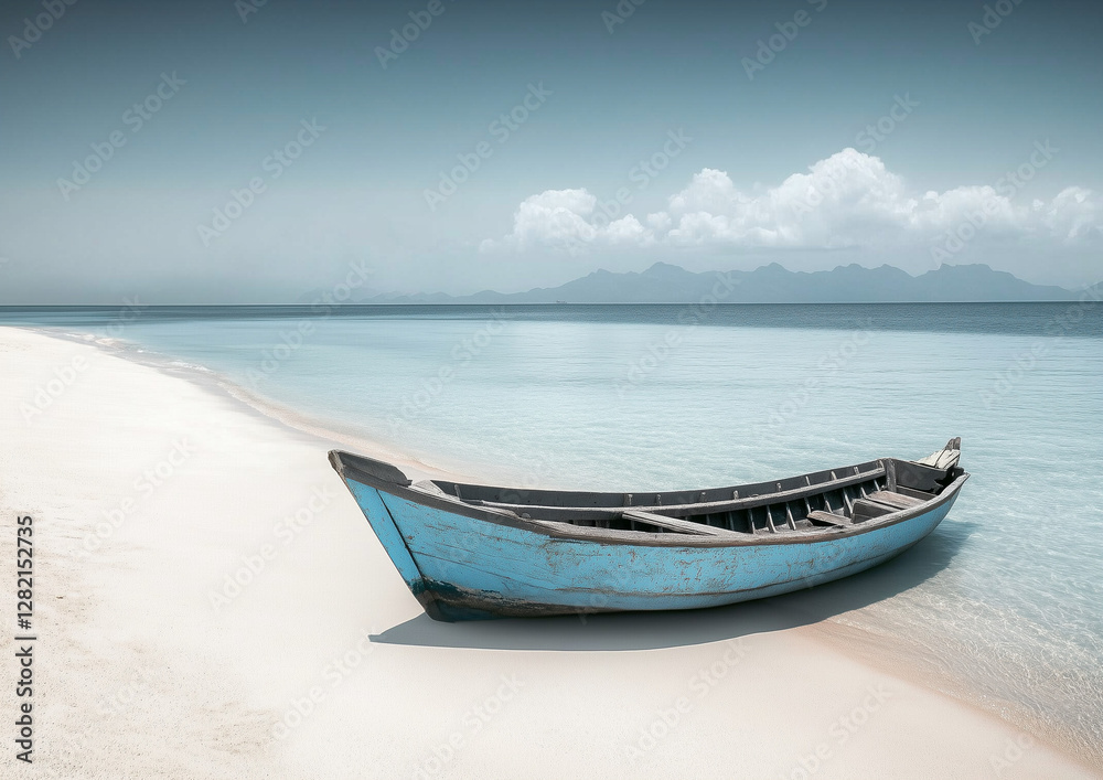 Naklejka premium Una escena tranquila de una playa desierta con un solo barco de madera azul descansando en la orilla arenosa.