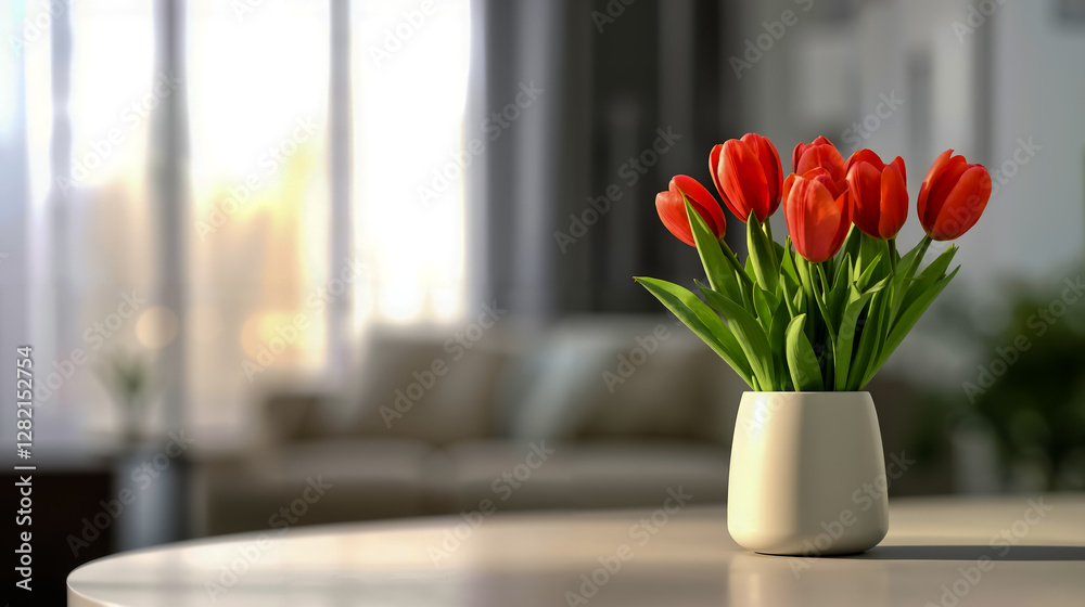 A vase of red tulips sitting on a table in front of a window A vase of red tulips sitting on a table in front of a window