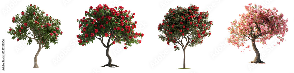 Fototapeta premium Blooming Apple Trees with Red and Pink Flowers – Lush Fruit Tree Illustration for Nature and Seasonal Design – Isolated on Transparent Background