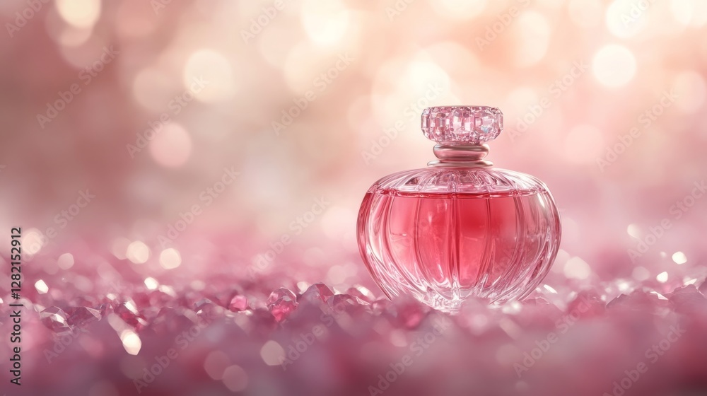 Glass perfume bottle rests on a bed of sparkling pink gems under soft light in an elegant setting