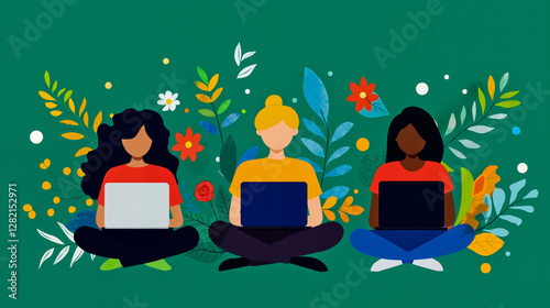 Three people sitting in a circle with laptops