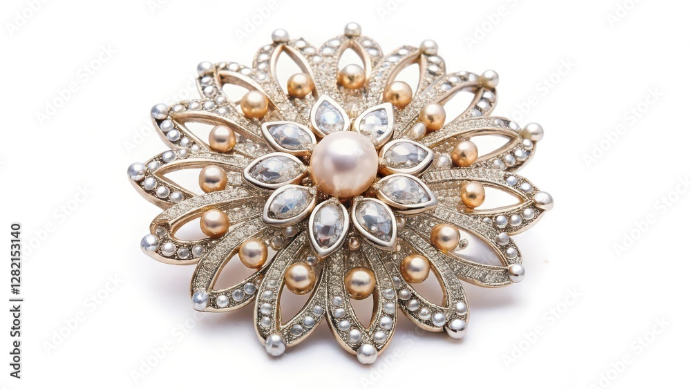 Fototapeta premium Pearl and Diamond Brooch on White Background