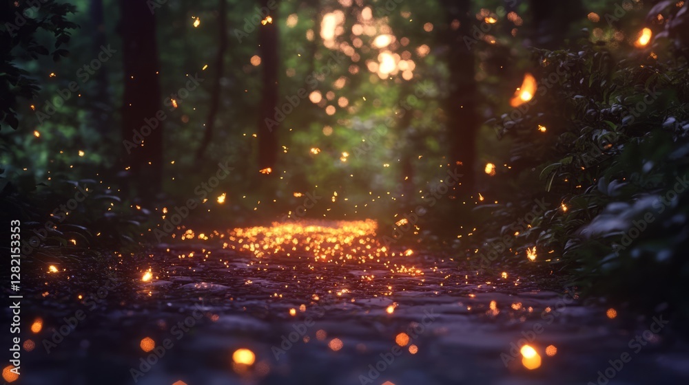 Naklejka premium Mystical forest path with glowing particles, peaceful and inviting, magical atmosphere, high detail, natural and rich, dreamy and engaging, soft and warm