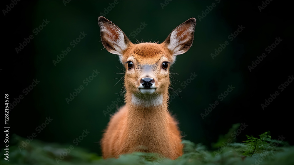 Obraz premium Curious young deer looking directly forward from behind green foliage in a dark forest setting.