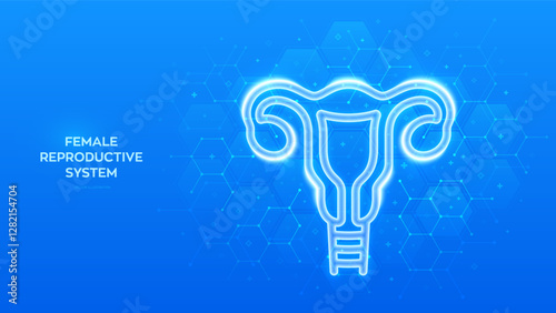 Female reproductive system icon. Female health care, gynecology. Uterus, ovaries. Anatomical structure of woman. Molecular structure. Blue medical background with hexagons. Vector illustration.