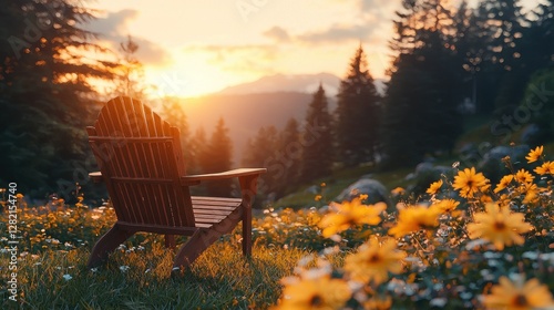 Adirondack chair sits in sunny meadow amidst the flowers at mountain sunset