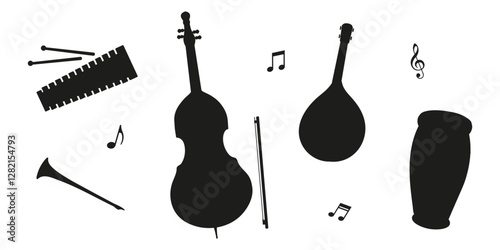 Musical instruments arranged in a creative layout with notes and rhythms featured prominently