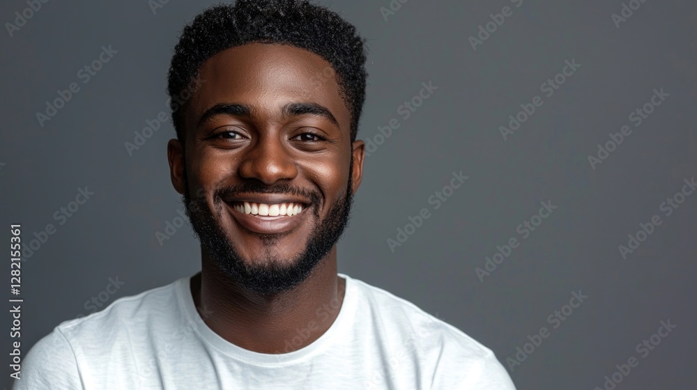 Obraz premium Happy Young Man with Short Curly Hair in White T-Shirt Smiling Brightly