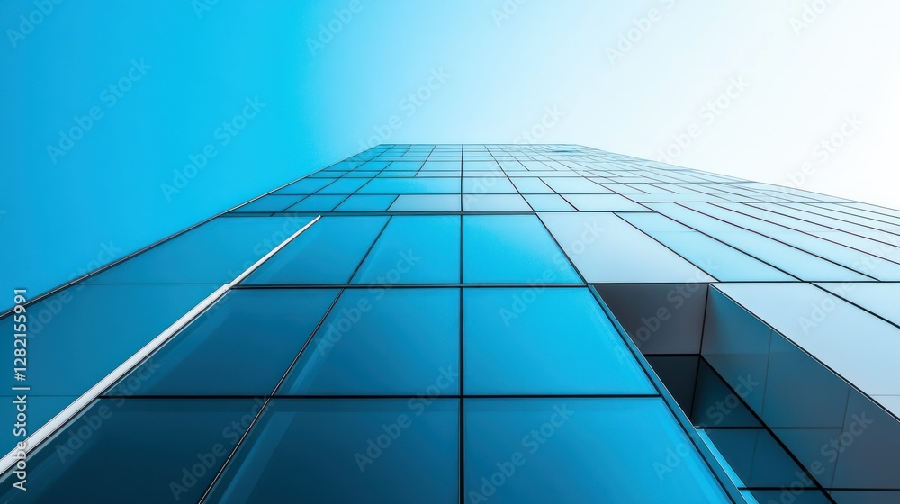 Modern Glass Building with Blue Sky Background Captured from Ground Level Perspective Modern Glass Building with Blue Sky Background Captured from Ground Level Perspective