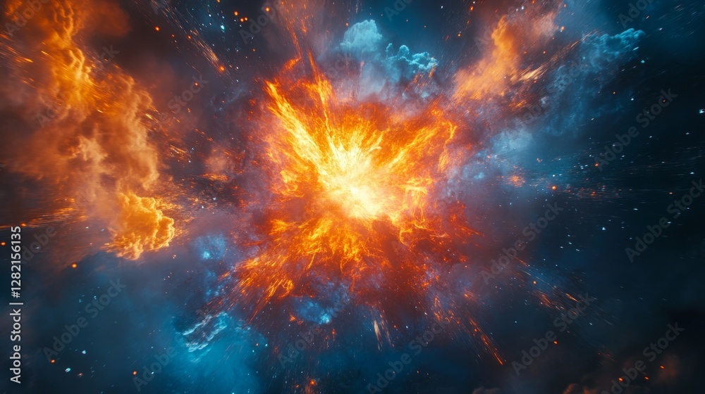 Fototapeta premium radiant explosion of glowing orange and blue energy, vibrant and dynamic design, bold and powerful composition, dramatic and intense atmosphere