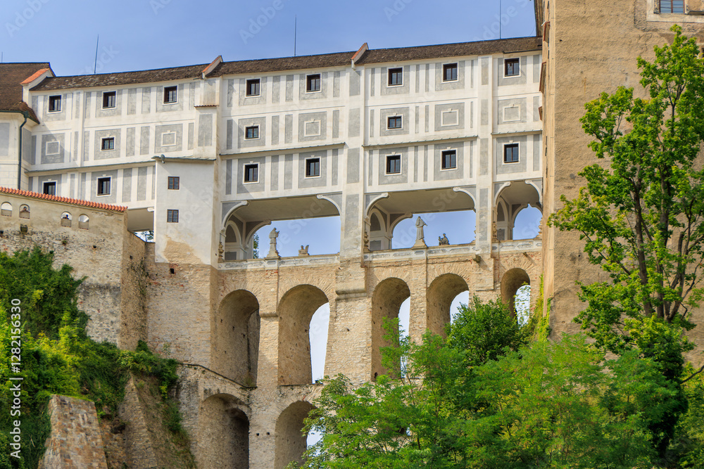 Fototapeta premium The multi-storey Cloak Bridge or Mantelbruecke in Cesky Krumlov castle.