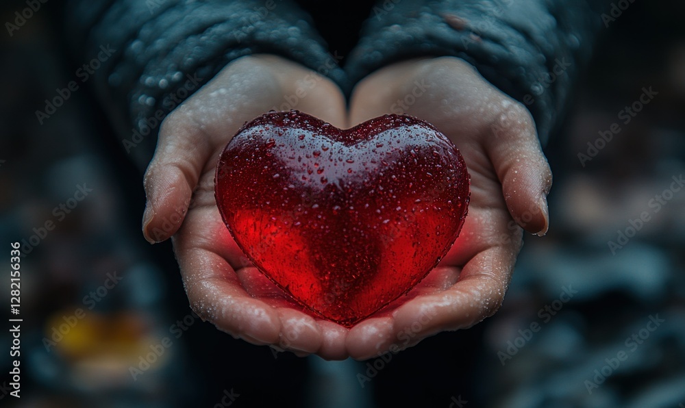 Hands Holding a Red Heart-Shaped Object with Rain Droplets in a Natural Outdoor Setting Hands Holding a Red Heart-Shaped Object with Rain Droplets in a Natural Outdoor Setting