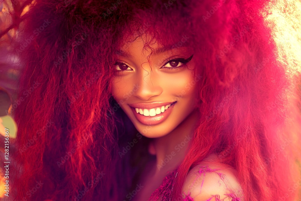 Fototapeta premium Lovely smiling mixed-race girl - for ads, media and social apps use. Commercial ad visual idea art. Long trim - gorgeous bush hair. Long hair inspiration. Colored hair styles concepts.