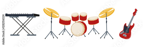 Musical instruments displayed on a plain background for a creative project or event